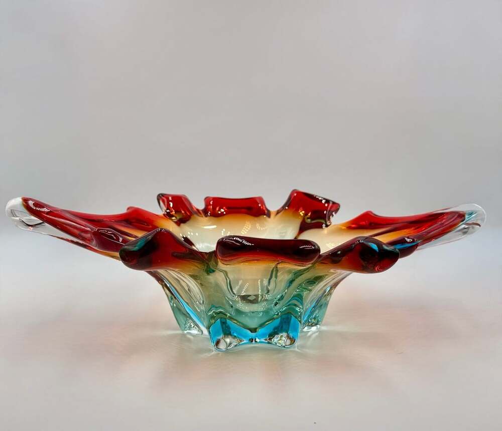 Murano Art Glass Splash Centerpiece Bowl Red Orange Blue